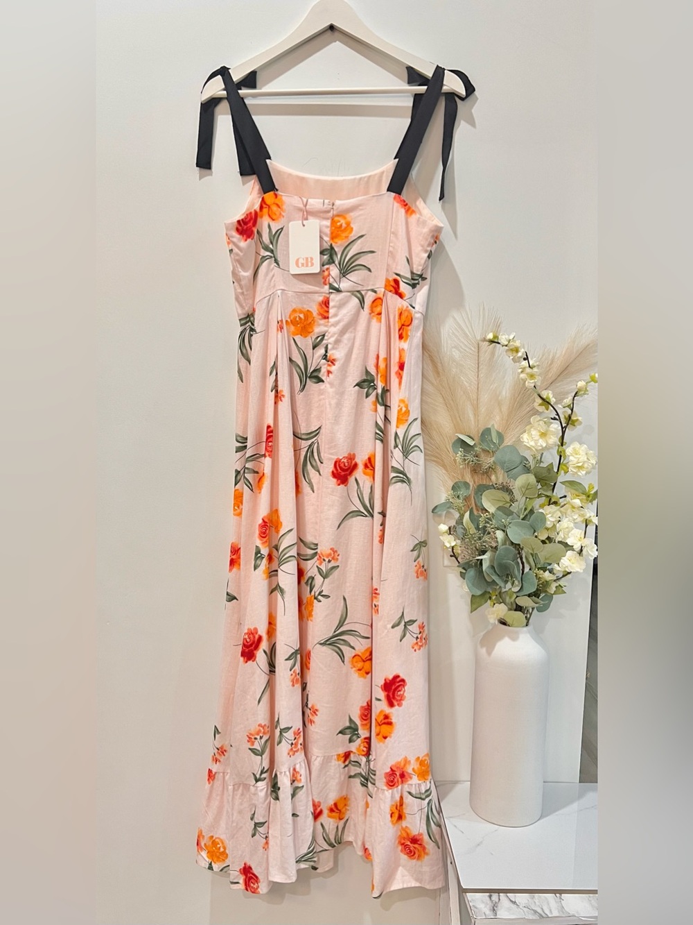 Gianni Bini Blush Maxi Dress with Orange Rose Print and Black Ties - Picture 7 of 14